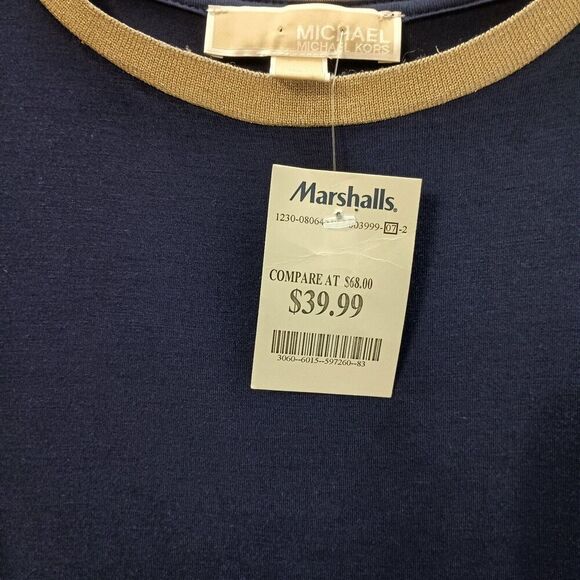 Michael Kors Dress XL Navy Metallic Gold Neckband Stretch Pullover Cap Sleeve - Picture 5 of 8